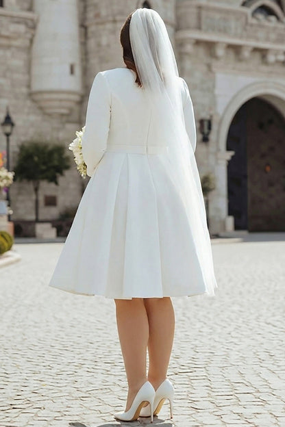 Ivory Satin A Line Round Neck Short Wedding Dress with Sleeves