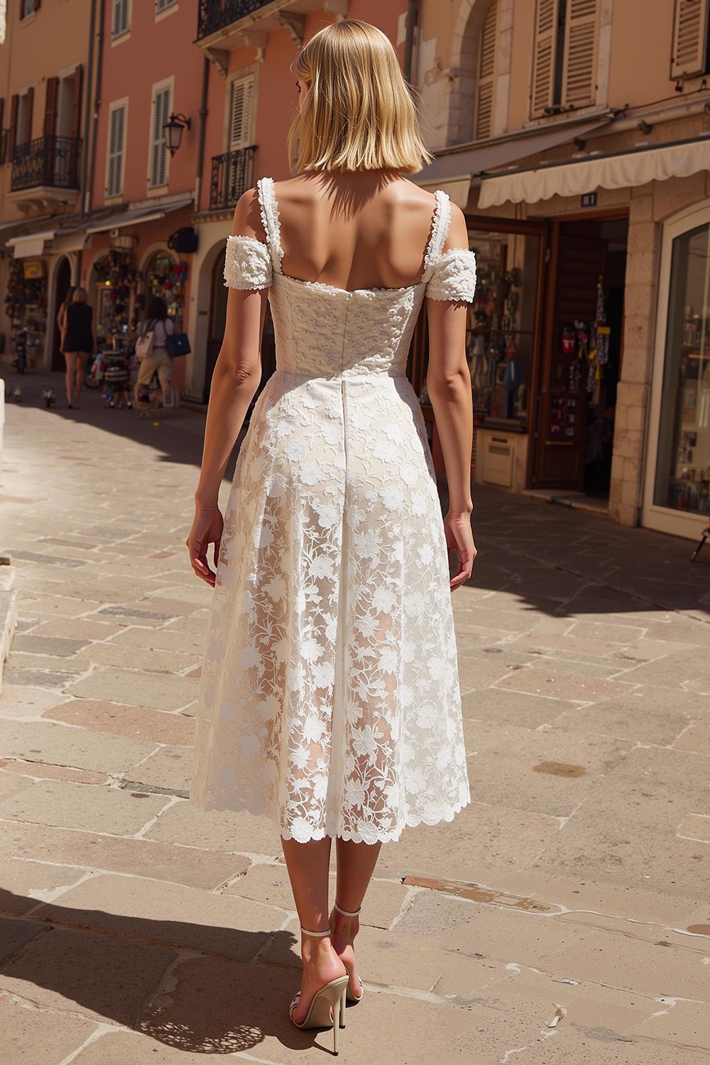 White Cold Shoulder Lace A Line Midi Engagement Dress