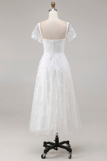 Ivory Lace Square Neck Midi Engagement Dress with Sleeves