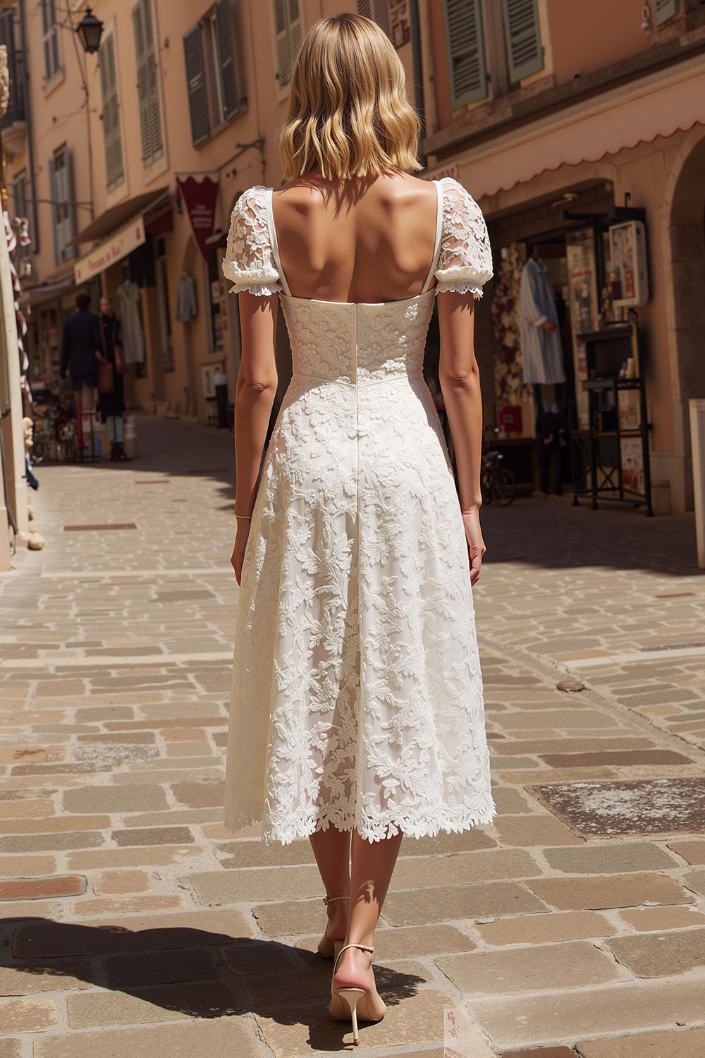 Ivory Lace Square Neck Midi Engagement Dress with Sleeves