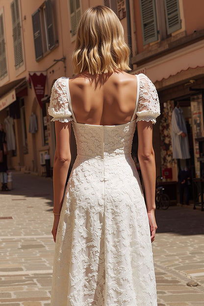 Ivory Lace Square Neck Midi Engagement Dress with Sleeves