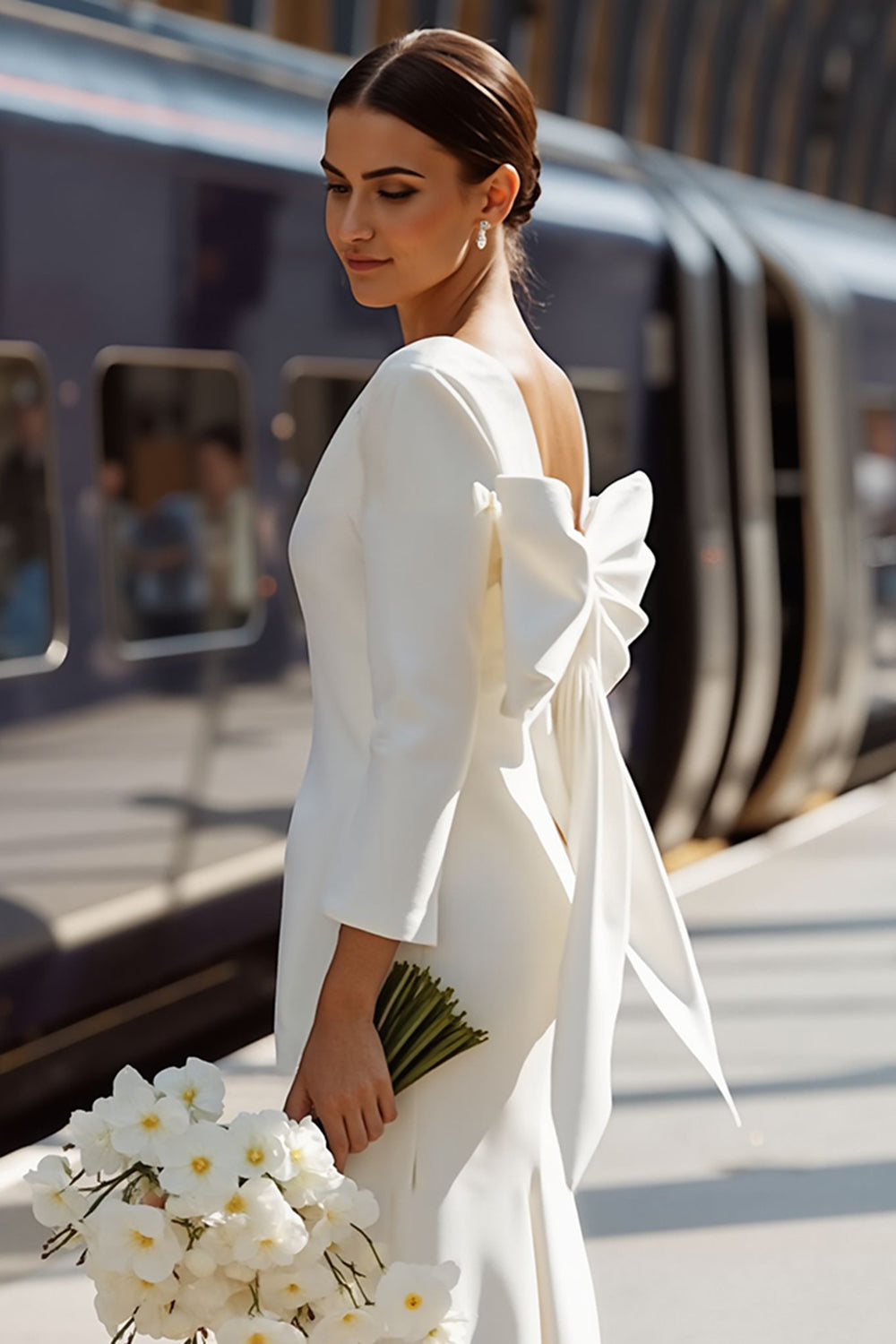 White Round Neck Bodycon Midi Engagement Dress with Bow