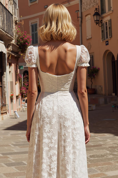 Ivory A Line Floral Midi Engagement Dress with Appliques