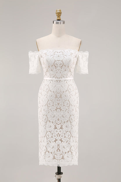 Ivory Lace Bodycon Off the Shoulder Midi Boho Engagement Dress