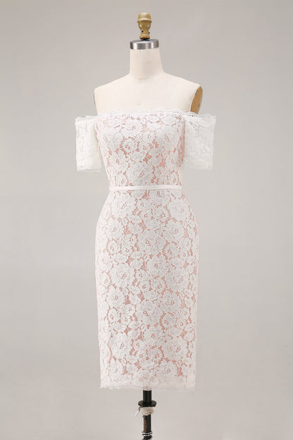 Ivory Lace Bodycon Off the Shoulder Midi Boho Engagement Dress