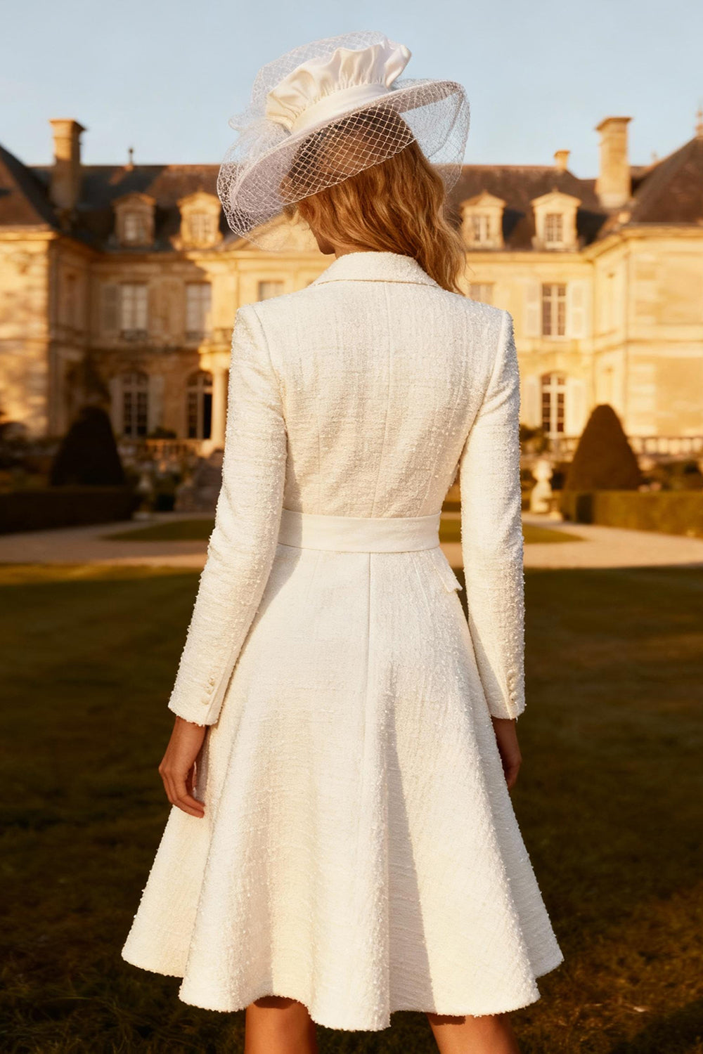 White Peak Lapel A Line Midi Blazer Wedding Dress with Sleeves