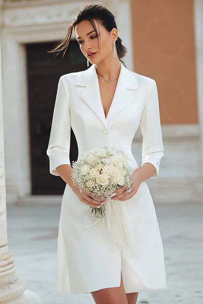 Ivory Satin Notched Lapel A Line Short Blazer Wedding Dress with Sleeves