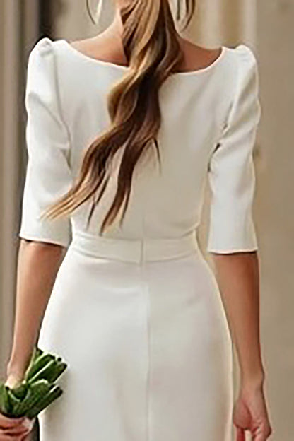 Ivory Satin Boat Neck Bodycon Midi Wedding Dress with Sleeves