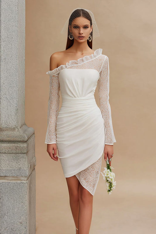 Ivory Bodycon Ruched Asymmetrical Wedding Dress with Sleeves