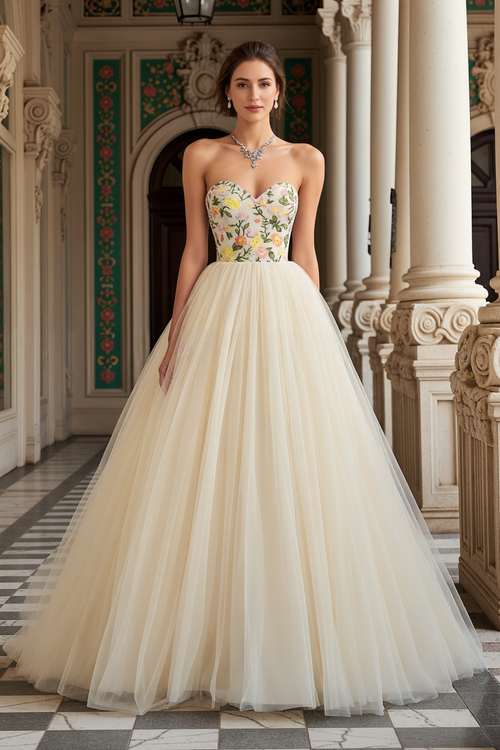 Ivory Tulle Floral Sweetheart A Line Long Prom Dress