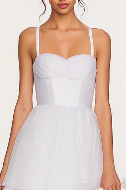White Tulle Spaghetti Straps Tiered Midi Corset Bridal Shower Dress