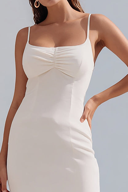 Ivory Spaghetti Straps Ruffled Midi Engagement Dress
