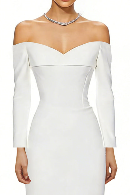 Simple White Sheath Long Sleeves Wedding Reception Dress with Slit
