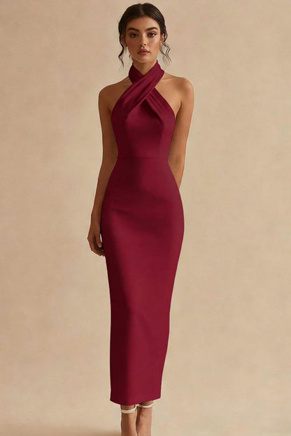 Simple Ivory Halter Bodycon Maxi Engagement Dress