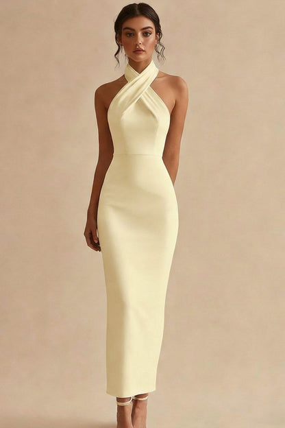 Simple Ivory Halter Bodycon Maxi Engagement Dress