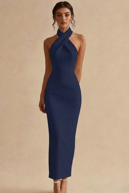 Simple Ivory Halter Bodycon Maxi Engagement Dress