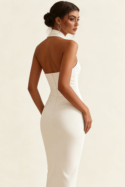 Simple Ivory Halter Bodycon Maxi Engagement Dress