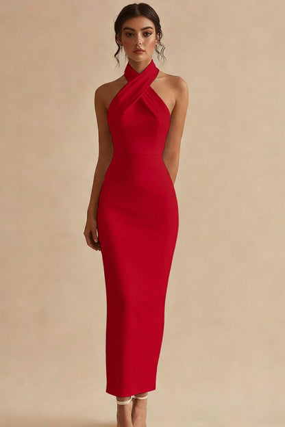 Simple Ivory Halter Bodycon Maxi Engagement Dress