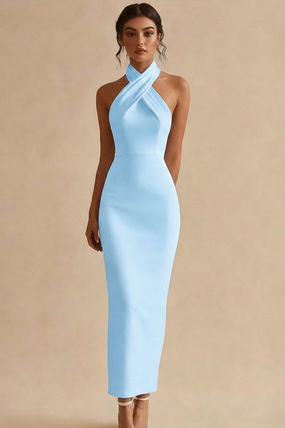 Simple Ivory Halter Bodycon Maxi Engagement Dress