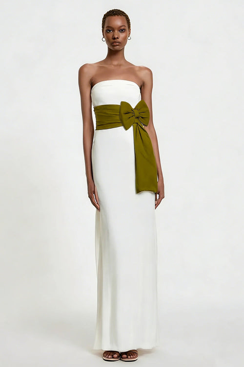 White Sheath Strapless Long Engagement Dress with Bow