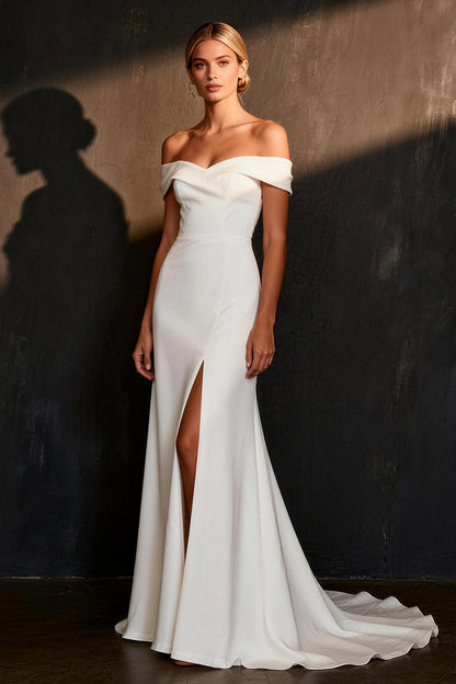 White Satin Off The Shoulder Mermaid Sweep Train Wedding Dress with Slit