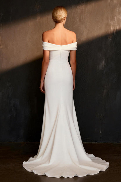 White Satin Off The Shoulder Mermaid Sweep Train Wedding Dress with Slit