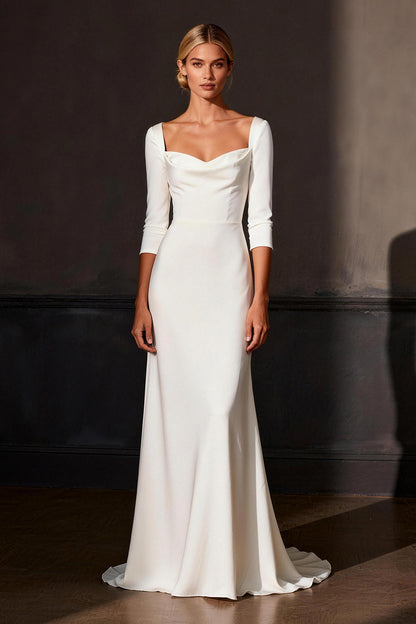White Satin Mermaid Sweep Train Wedding Dress with Sleeves