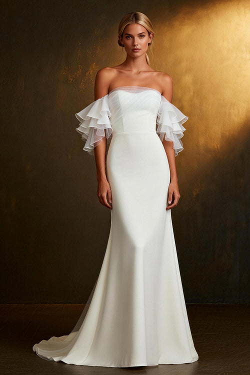 White Off The Shoulder Mermaid Ruffled Sleeves Sweep Train Wedding Dress