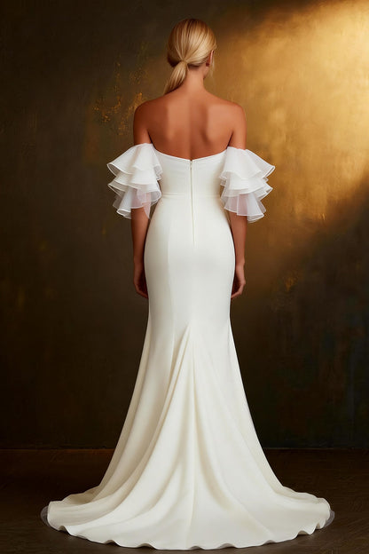 White Off The Shoulder Mermaid Ruffled Sleeves Sweep Train Wedding Dress