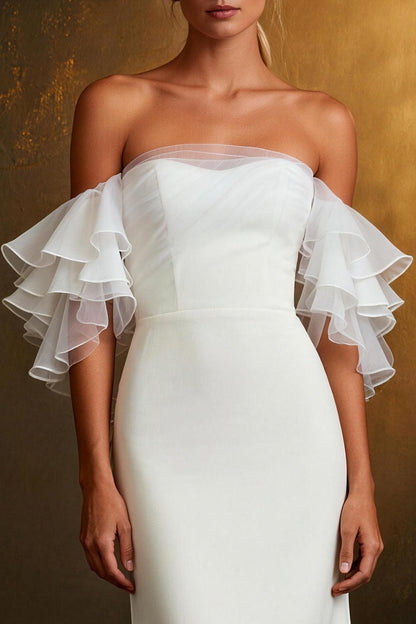 White Off The Shoulder Mermaid Ruffled Sleeves Sweep Train Wedding Dress