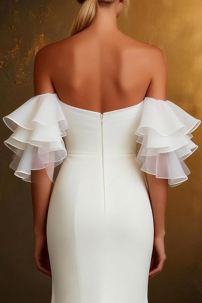 White Off The Shoulder Mermaid Ruffled Sleeves Sweep Train Wedding Dress