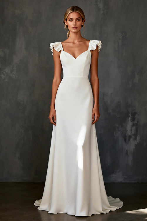 White Satin Mermaid Cap Sleeves Sweep Train Wedding Dress with Ruffles