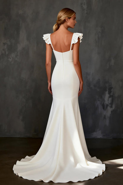 White Satin Mermaid Cap Sleeves Sweep Train Wedding Dress with Ruffles