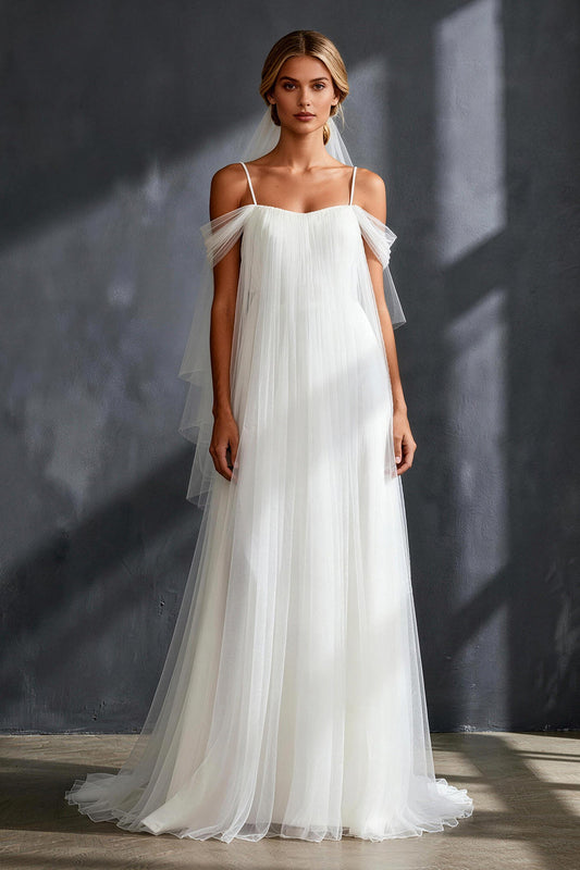White Tulle Pleated Cold Shoulder A Line Sweep Train Wedding Dress