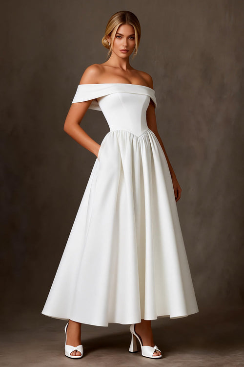 White Satin Off The Shoulder A Line Ankle Length Wedding Dress