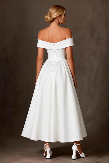 White Satin Off The Shoulder A Line Ankle Length Wedding Dress
