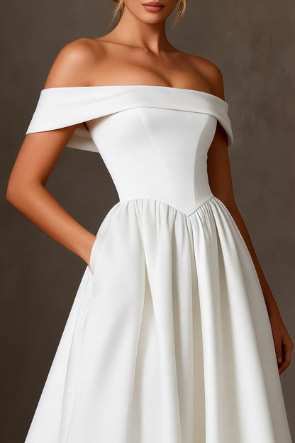 White Satin Off The Shoulder A Line Ankle Length Wedding Dress