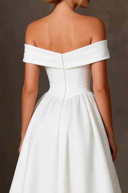 White Satin Off The Shoulder A Line Ankle Length Wedding Dress