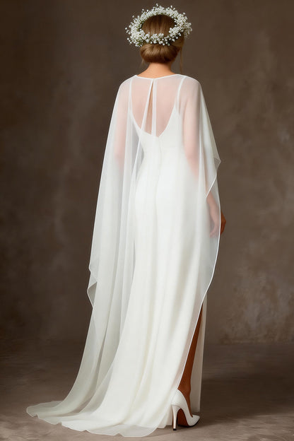 White Chiffon Mermaid Spaghetti Straps Floor Length Wedding Dress with Cape