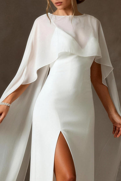 White Chiffon Mermaid Spaghetti Straps Floor Length Wedding Dress with Cape