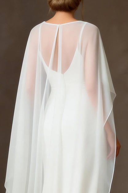 White Chiffon Mermaid Spaghetti Straps Floor Length Wedding Dress with Cape