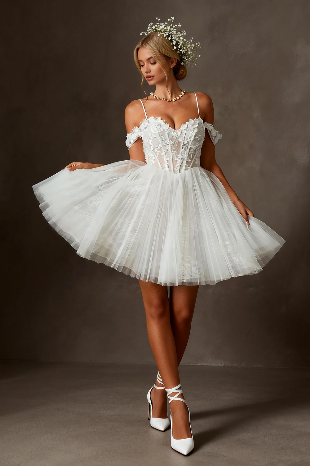 White Tulle Corset Cold Shoulder A Line Appliqued Short Wedding Dress