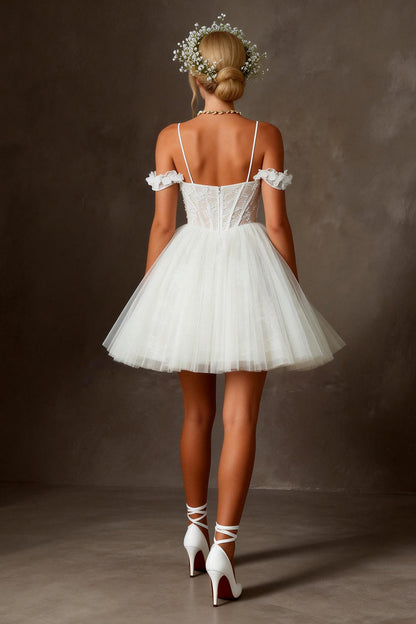 White Tulle Corset Cold Shoulder A Line Appliqued Short Wedding Dress