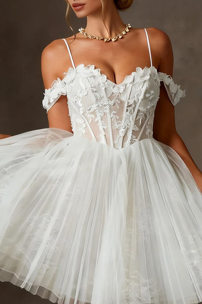 White Tulle Corset Cold Shoulder A Line Appliqued Short Wedding Dress