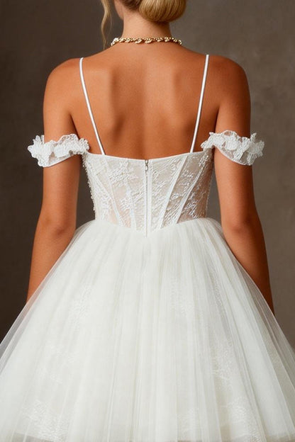 White Tulle Corset Cold Shoulder A Line Appliqued Short Wedding Dress