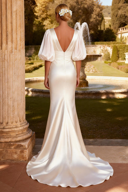 Ivory Satin V Neck Mermaid Puff Sleeves Sweep Train Wedding Dress