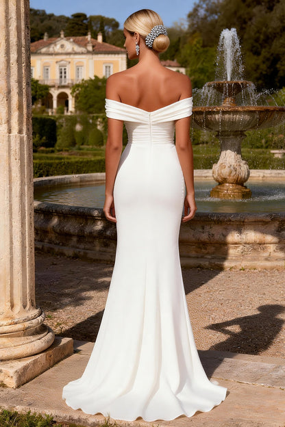 White Satin Mermaid Beaded Sweep Train Wedding Dress with Slit