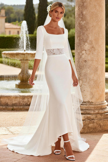 White Square Neck Mermaid 3/4 Sleeves Sweep Train Wedding Dress with Lace
