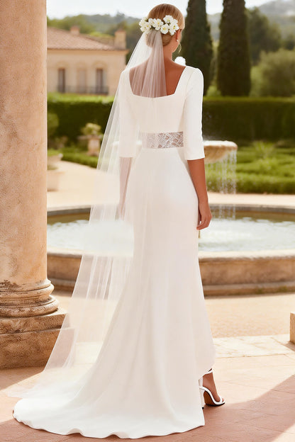 White Square Neck Mermaid 3/4 Sleeves Sweep Train Wedding Dress with Lace