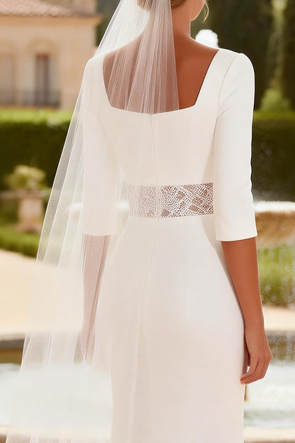 White Square Neck Mermaid 3/4 Sleeves Sweep Train Wedding Dress with Lace